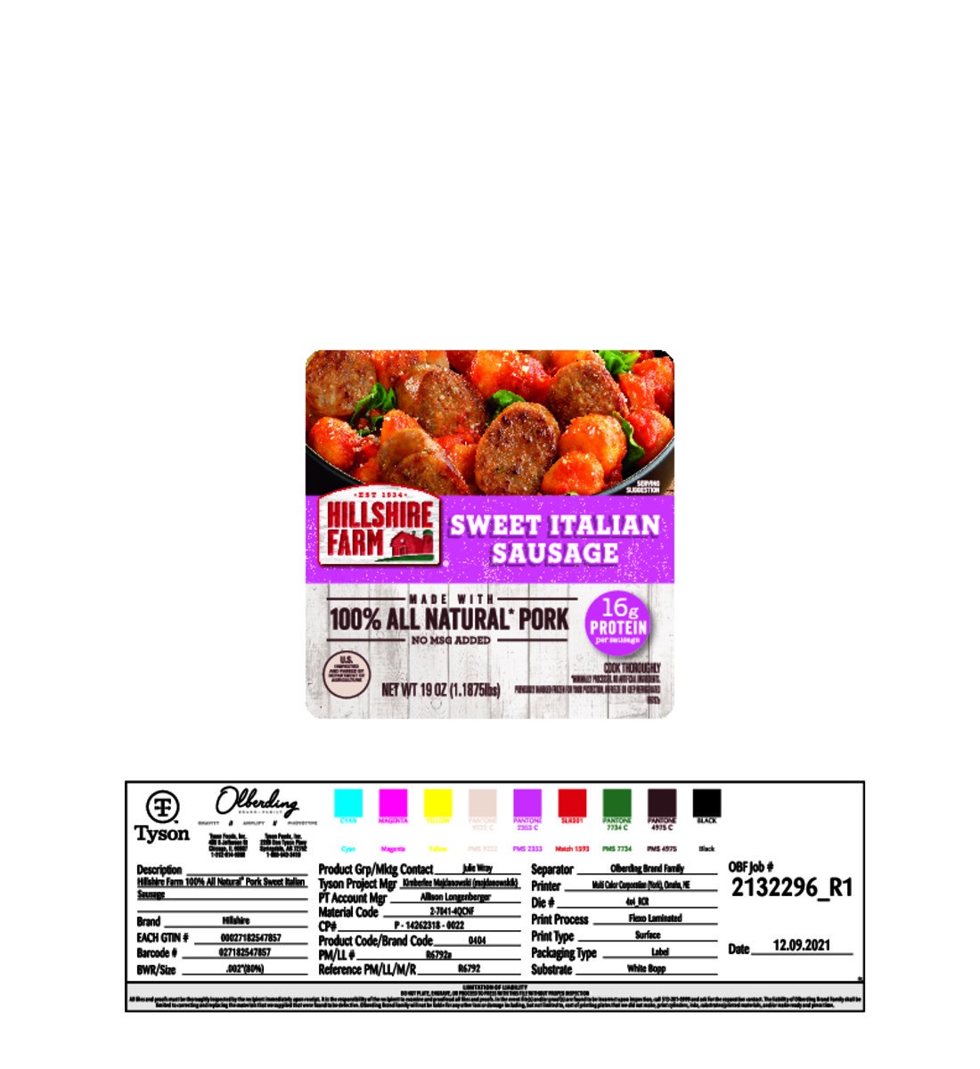 slide 3 of 4, Hillshire Farm All Natural* Sweet Italian Pork Sausage, 5 Count, 19 oz. (Fresh), 53.89 g