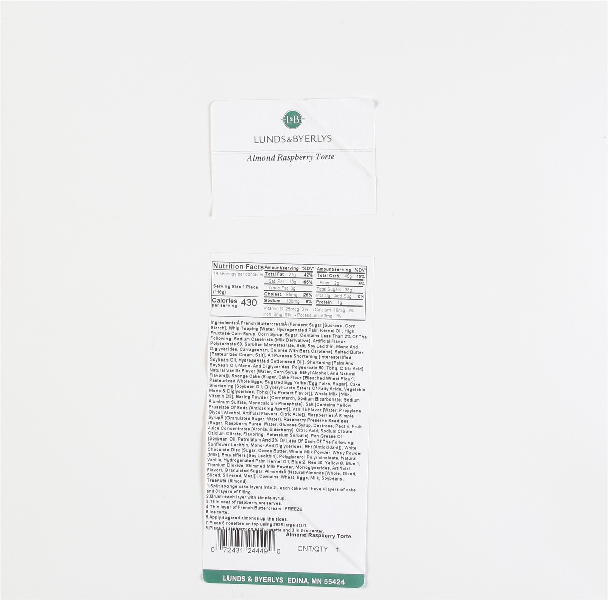 slide 9 of 9, Lunds & Byerlys Almond Raspberry Torte 1 ea, 1 ct