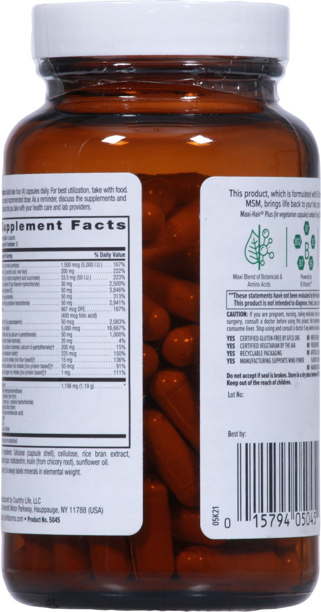 slide 6 of 9, Country Life Maxi-Hair Plus 5000 mcg Skin & Nails 120 Vegetarian Capsules, 120 ct