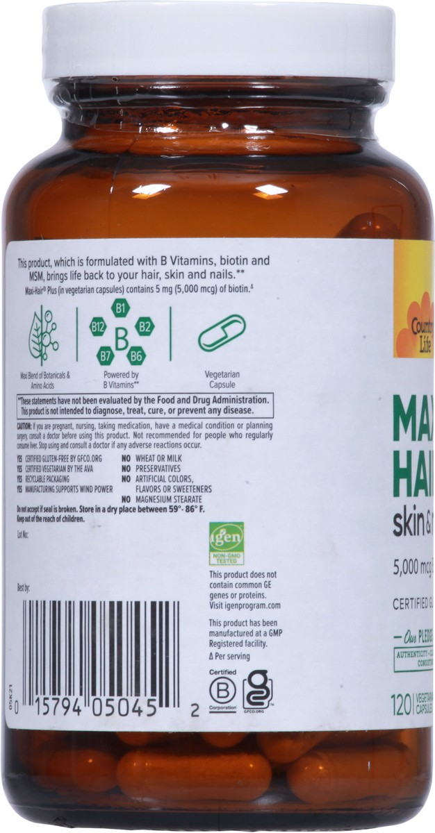slide 7 of 9, Country Life Maxi-Hair Plus 5000 mcg Skin & Nails 120 Vegetarian Capsules, 120 ct