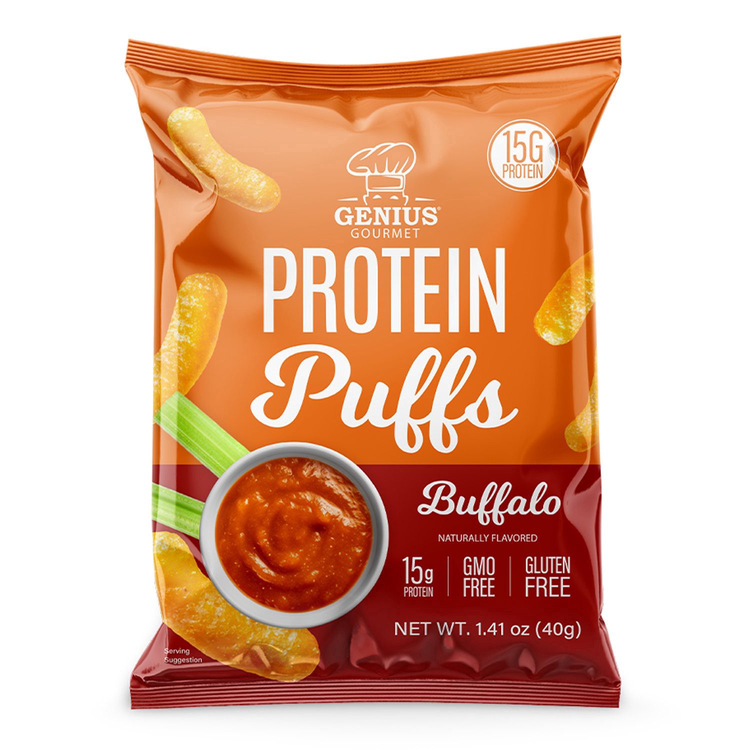 slide 1 of 1, Genius Gourmet Protein Puffs Buffalo - 15g Protein, 1.41 oz