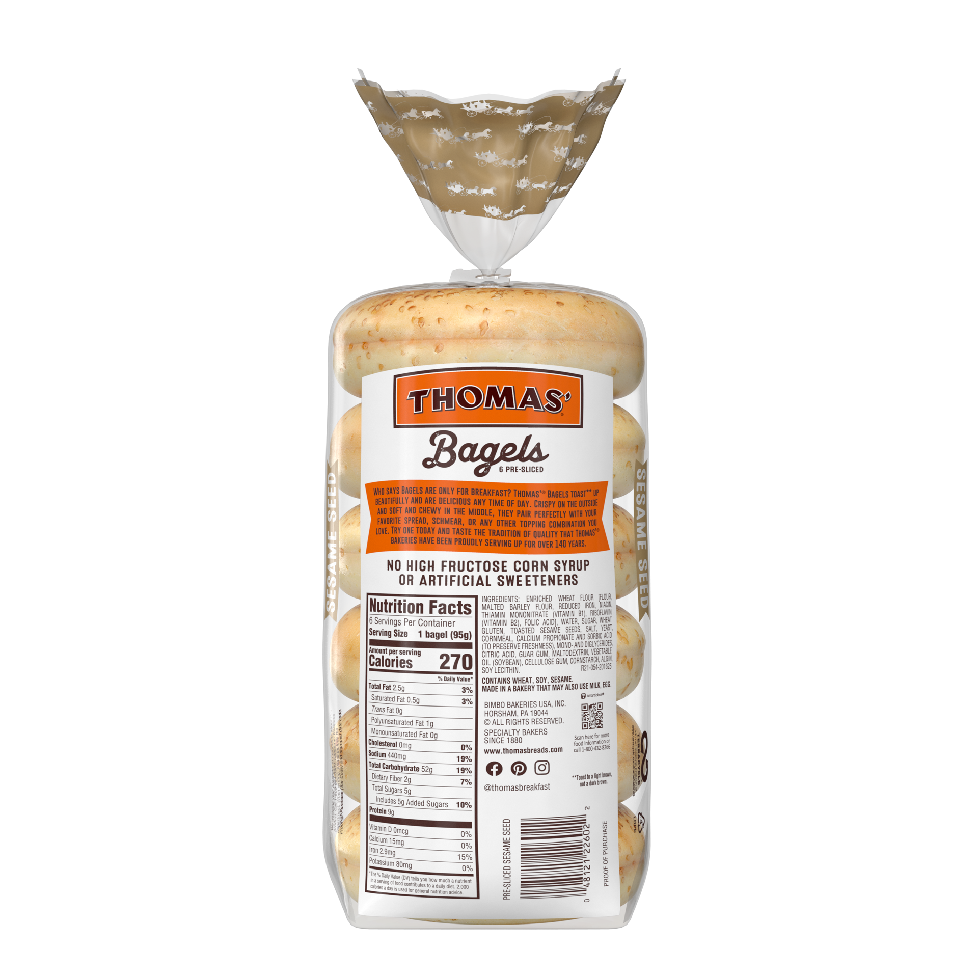 slide 2 of 5, Thomas' Sesame Seed Bagels, 6 count, 20 oz, 6 ct