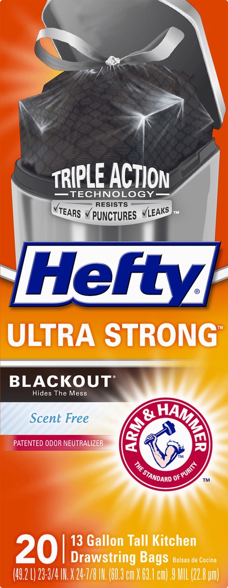 slide 7 of 8, Hefty Tall Kitchen Bags, Drawstring, Blackout, Scent Free, 13 Gallon, 20 ct