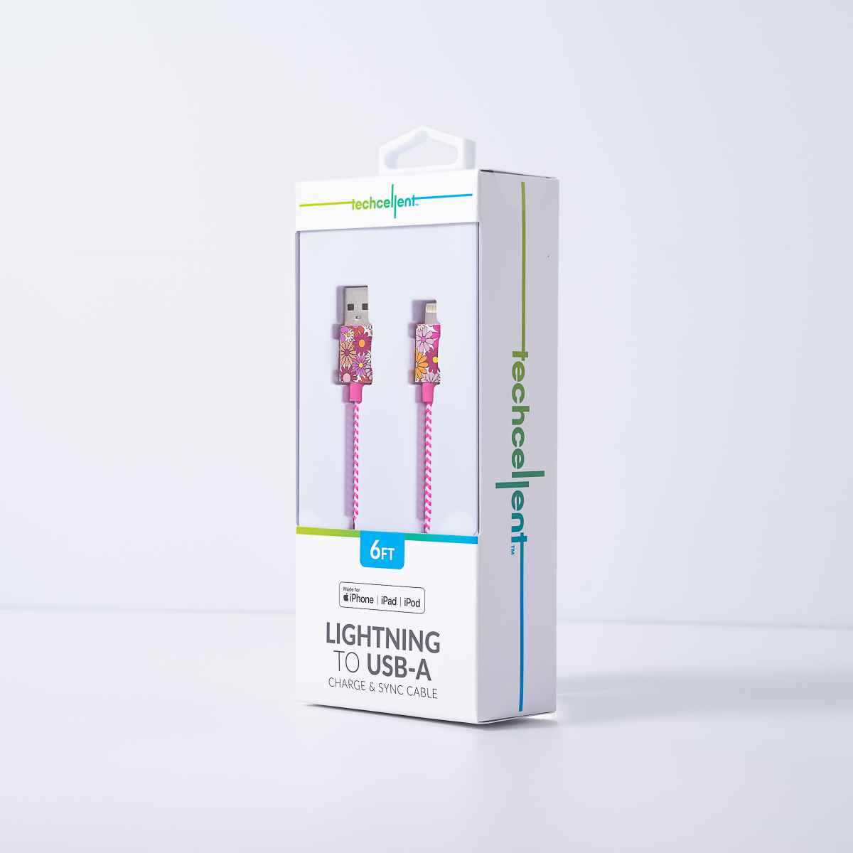 slide 6 of 7, TECHCELLENT Lightning To USB-A Charge & Sync Braided Cable, 6ft Floral, 6 ft