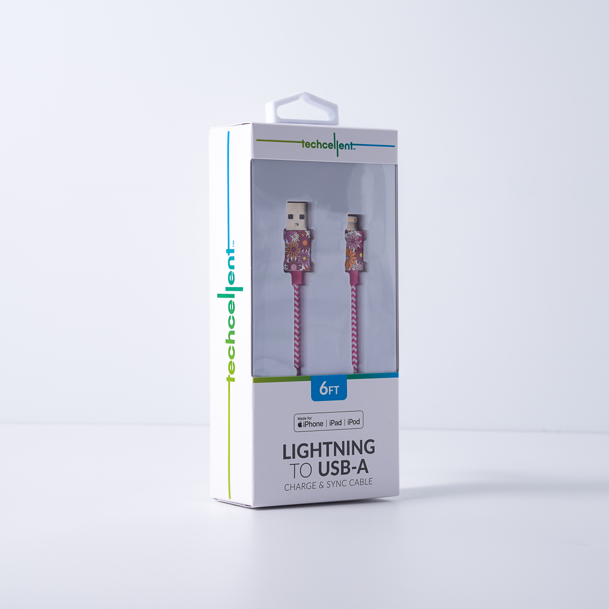 slide 4 of 7, TECHCELLENT Lightning To USB-A Charge & Sync Braided Cable, 6ft Floral, 6 ft
