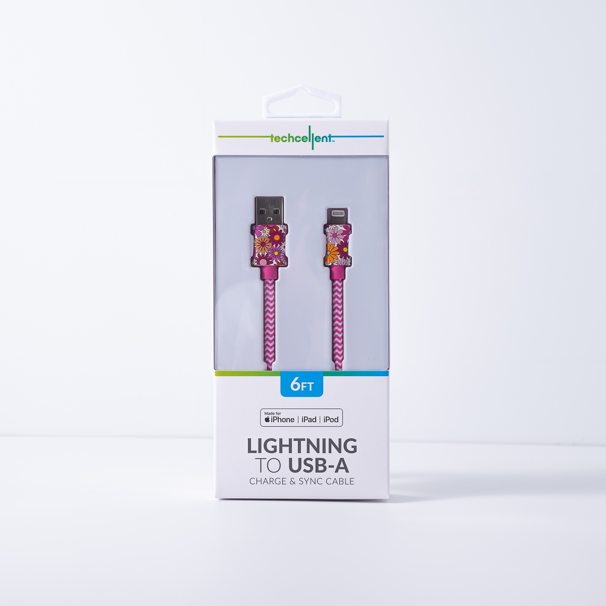 slide 1 of 7, TECHCELLENT Lightning To USB-A Charge & Sync Braided Cable, 6ft Floral, 6 ft