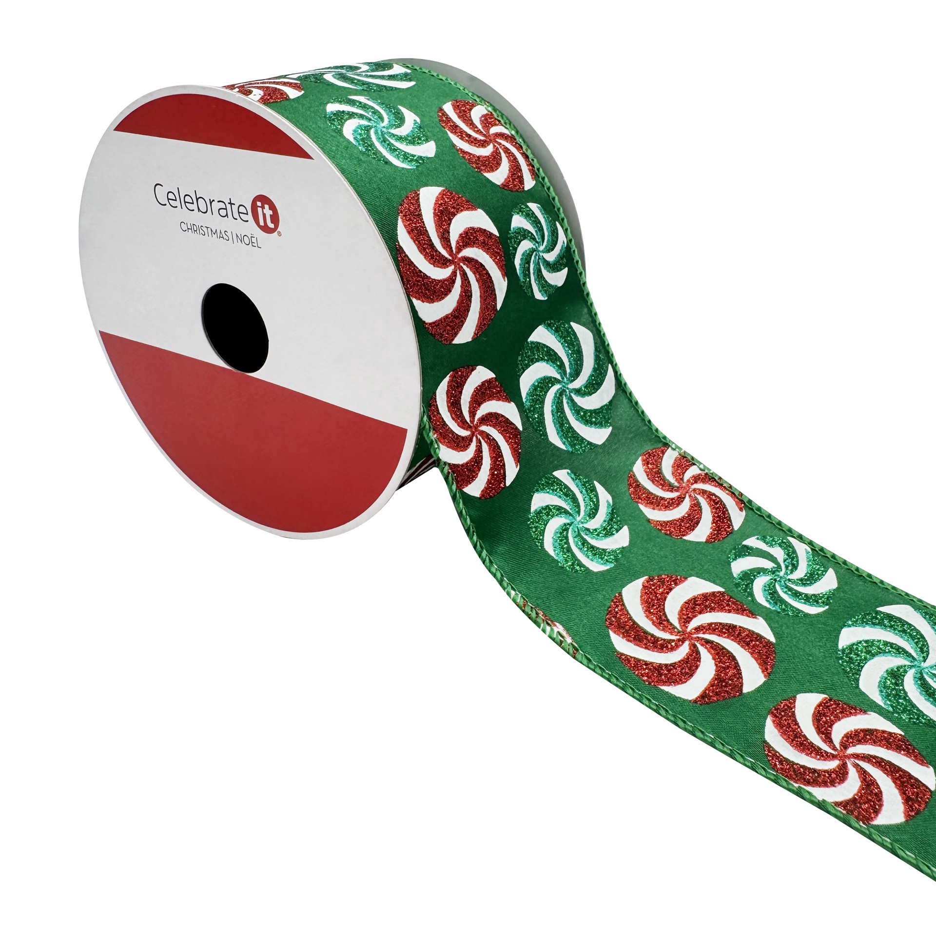 slide 3 of 3, 2.5" X 20ft. Green Glitter Peppermints Wired Ribbon By Celebrate It, 2.5 in x 20 ft