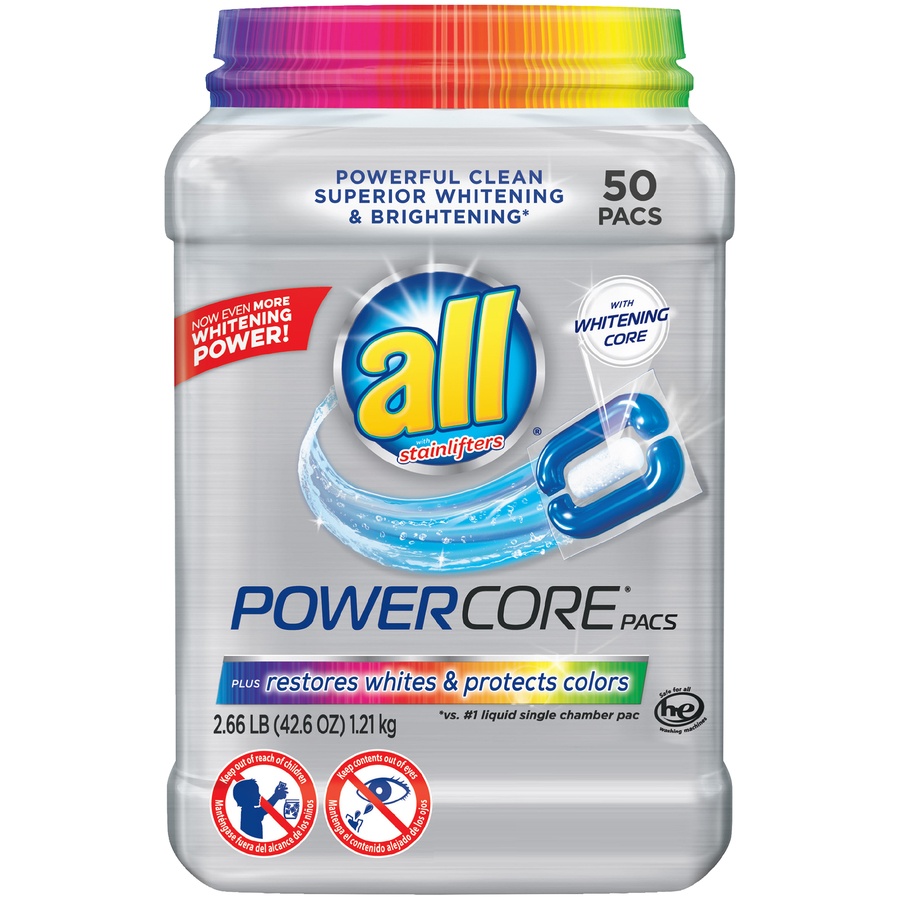slide 1 of 11, All Powercore Color Protector Laundry Detergent, 50 ct