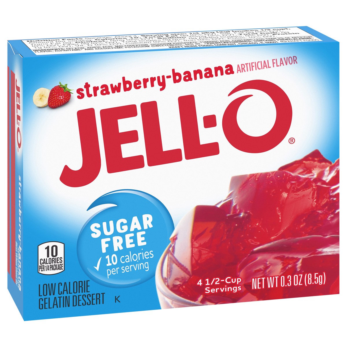 slide 3 of 9, Jell-O Strawberry Banana Artificially Flavored Zero Sugar Low Calorie Gelatin Dessert Mix, 0.3 oz Box, 0.3 oz