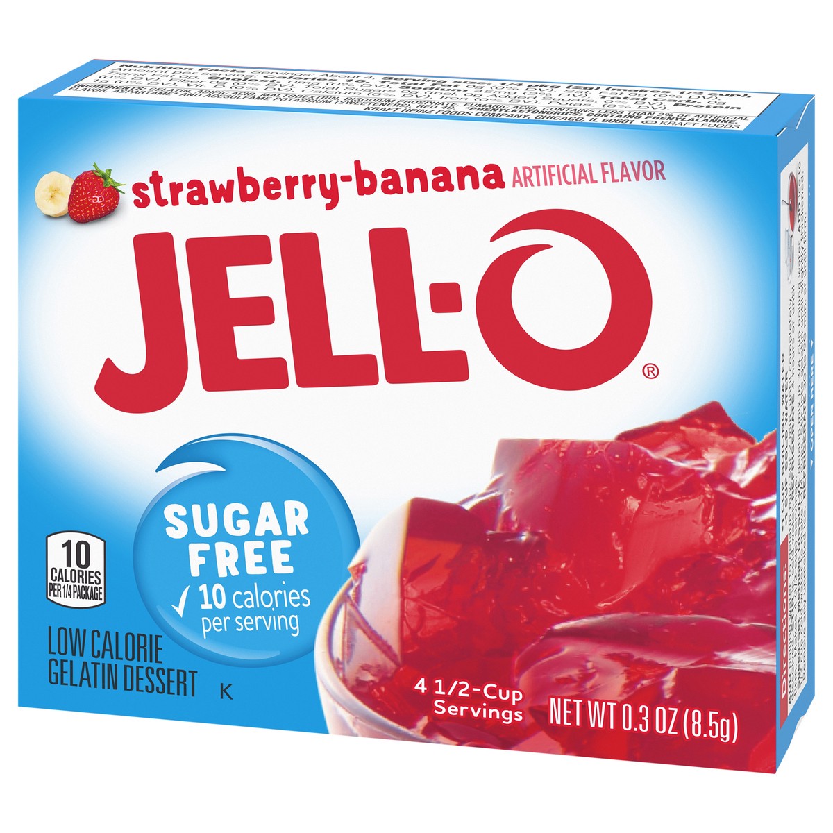 slide 4 of 9, Jell-O Strawberry Banana Artificially Flavored Zero Sugar Low Calorie Gelatin Dessert Mix, 0.3 oz Box, 0.3 oz