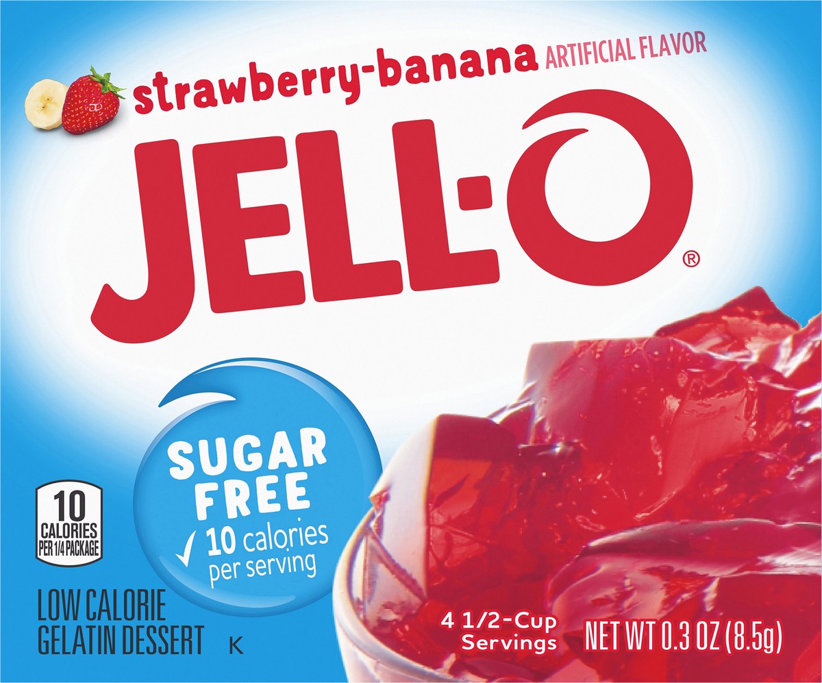 slide 8 of 9, Jell-O Strawberry Banana Artificially Flavored Zero Sugar Low Calorie Gelatin Dessert Mix, 0.3 oz Box, 0.3 oz