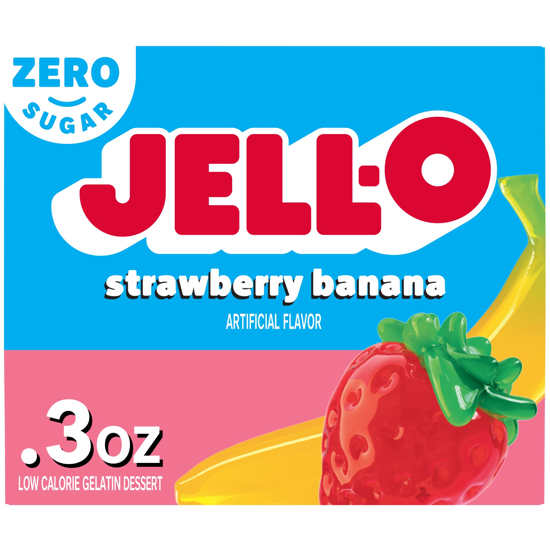 slide 1 of 9, Jell-O Strawberry Banana Artificially Flavored Zero Sugar Low Calorie Gelatin Dessert Mix, 0.3 oz Box, 0.3 oz