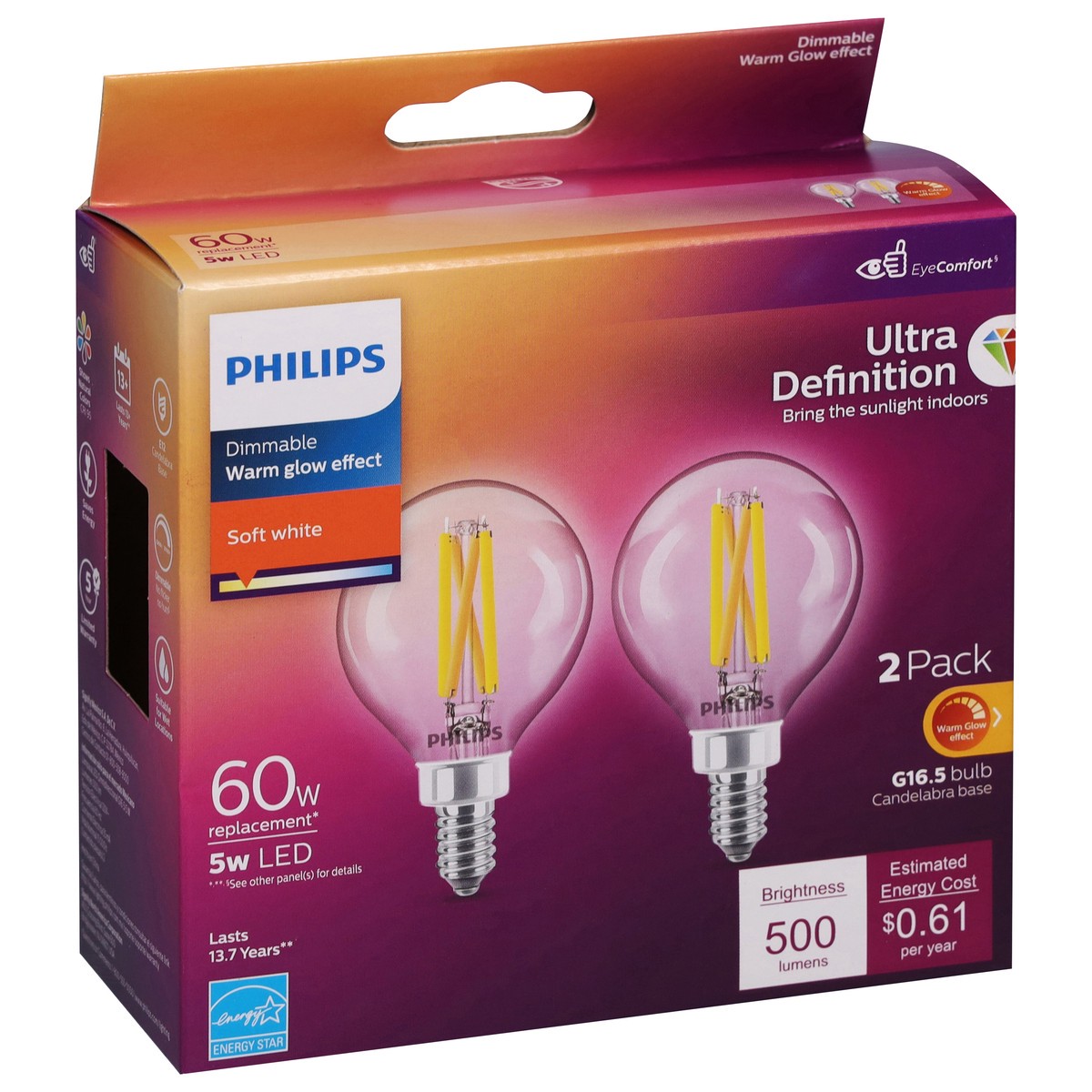 slide 9 of 9, Philips 5-Watt (60-Watt) Globe G16.5 Led Light Bulbs, 2 ct