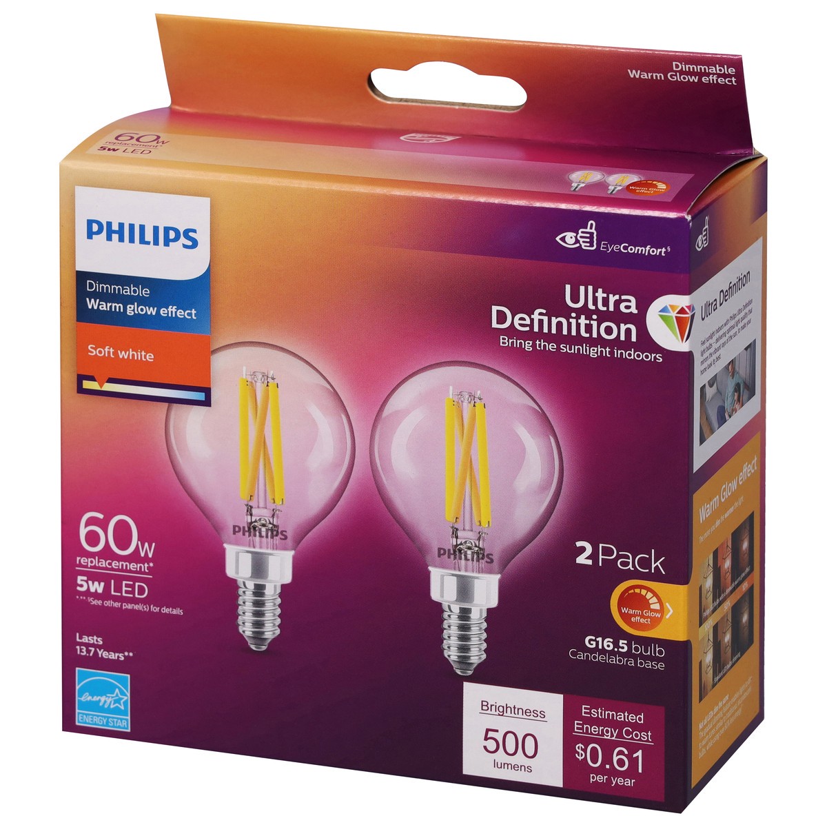 slide 6 of 9, Philips 5-Watt (60-Watt) Globe G16.5 Led Light Bulbs, 2 ct