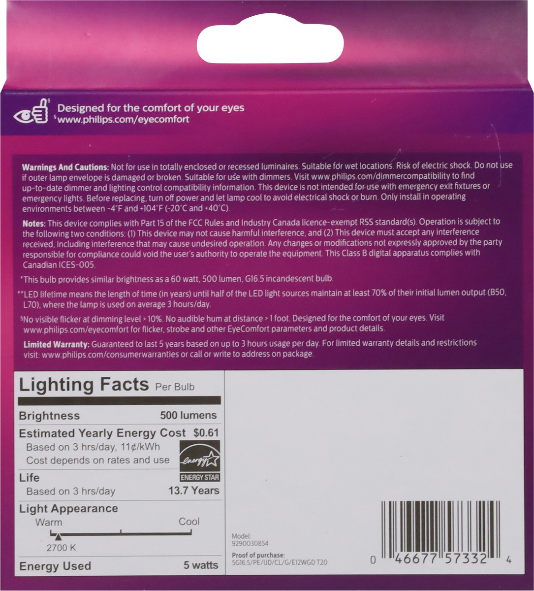 slide 7 of 9, Philips 5-Watt (60-Watt) Globe G16.5 Led Light Bulbs, 2 ct