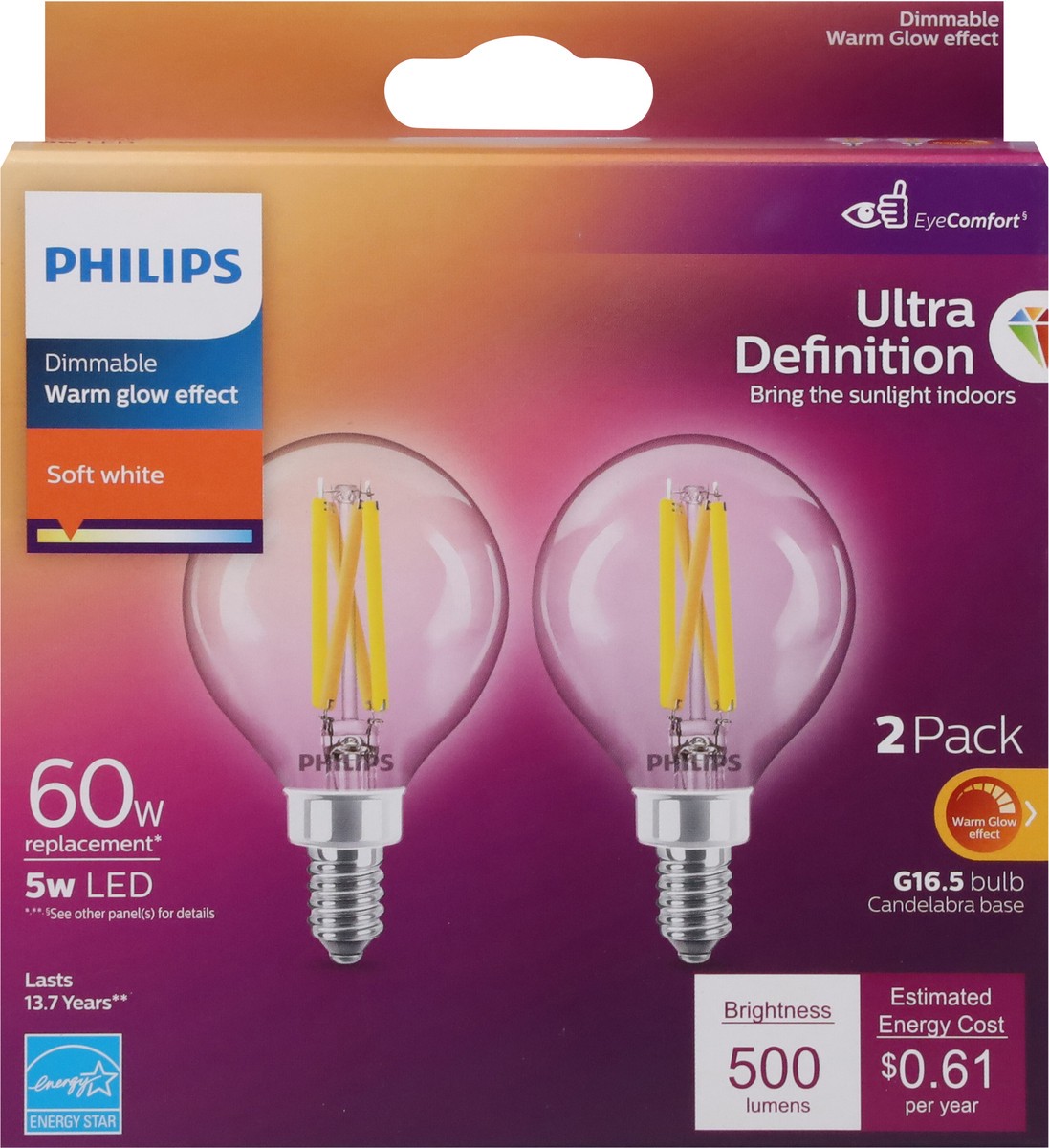 slide 5 of 9, Philips 5-Watt (60-Watt) Globe G16.5 Led Light Bulbs, 2 ct