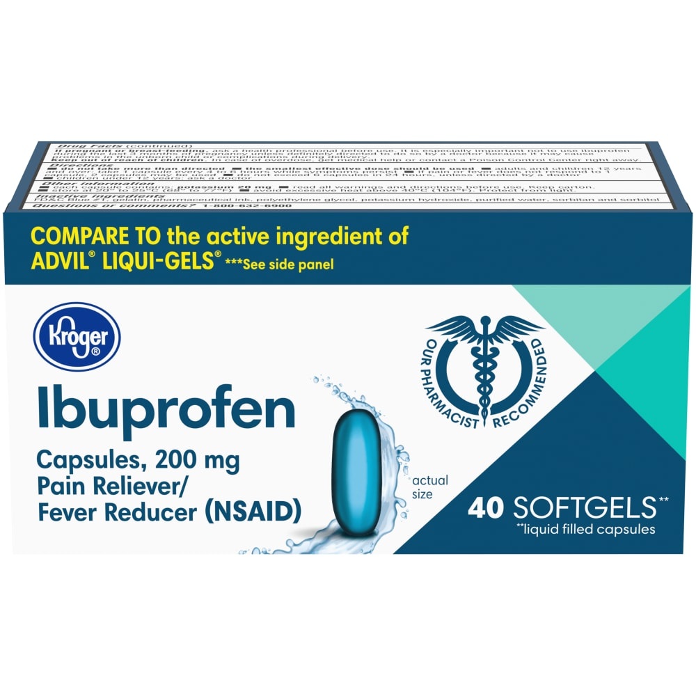 slide 1 of 1, Kroger Ibuprofen Pain Reliever & Fever Reducer 200 Mg Softgels, 40 ct