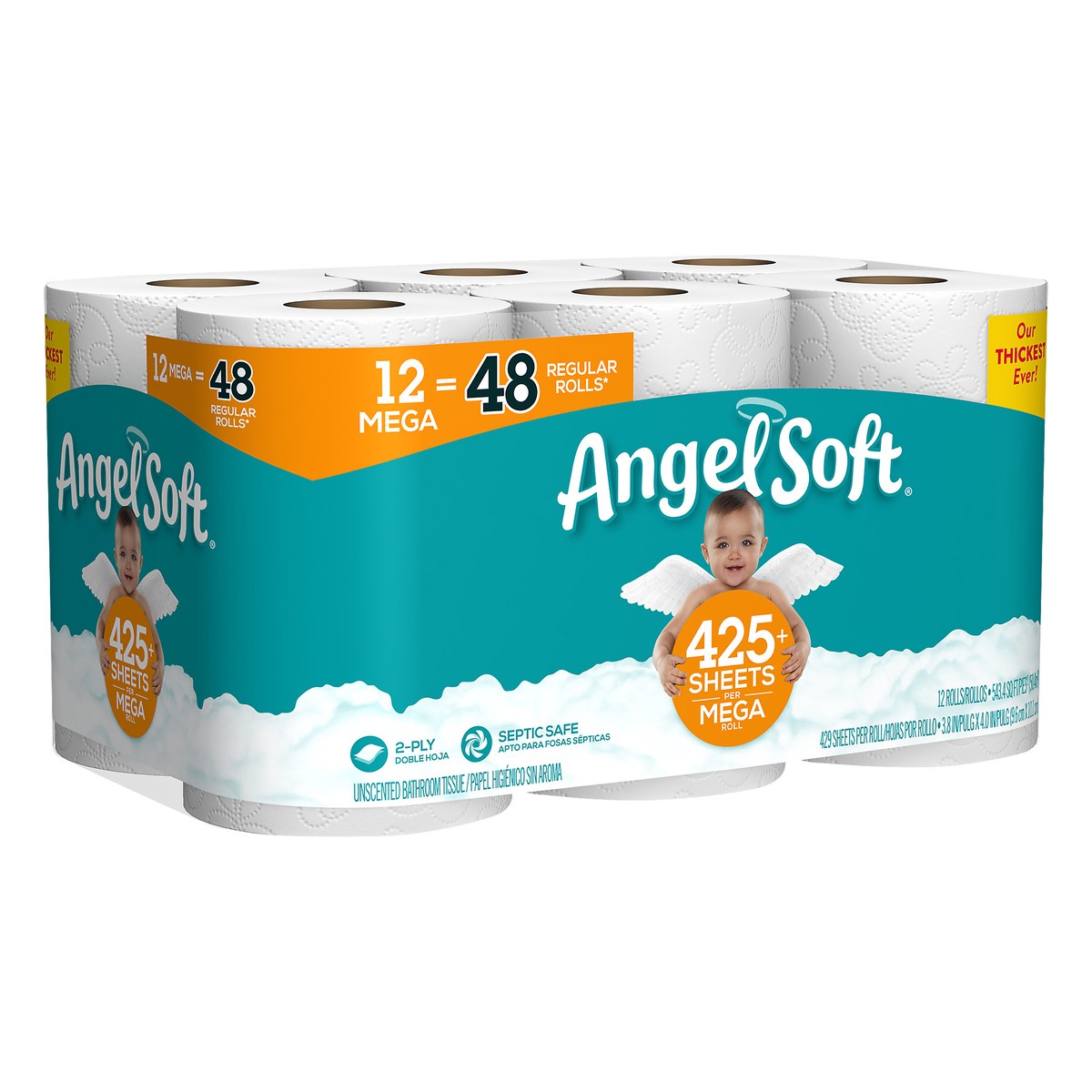 slide 2 of 5, Angel Soft Mega Roll 2-Ply Unscented Bathroom Tissue 12 ea, 12 ct