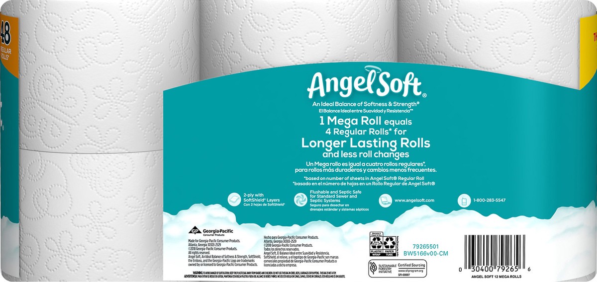 slide 4 of 5, Angel Soft Mega Roll 2-Ply Unscented Bathroom Tissue 12 ea, 12 ct