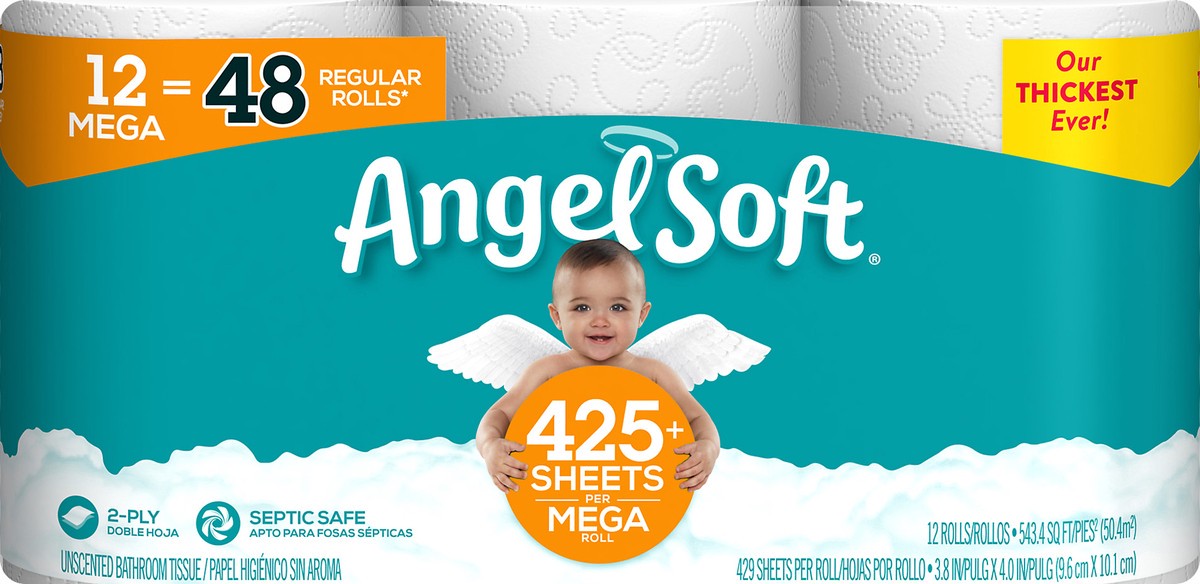 slide 5 of 5, Angel Soft Mega Roll 2-Ply Unscented Bathroom Tissue 12 ea, 12 ct