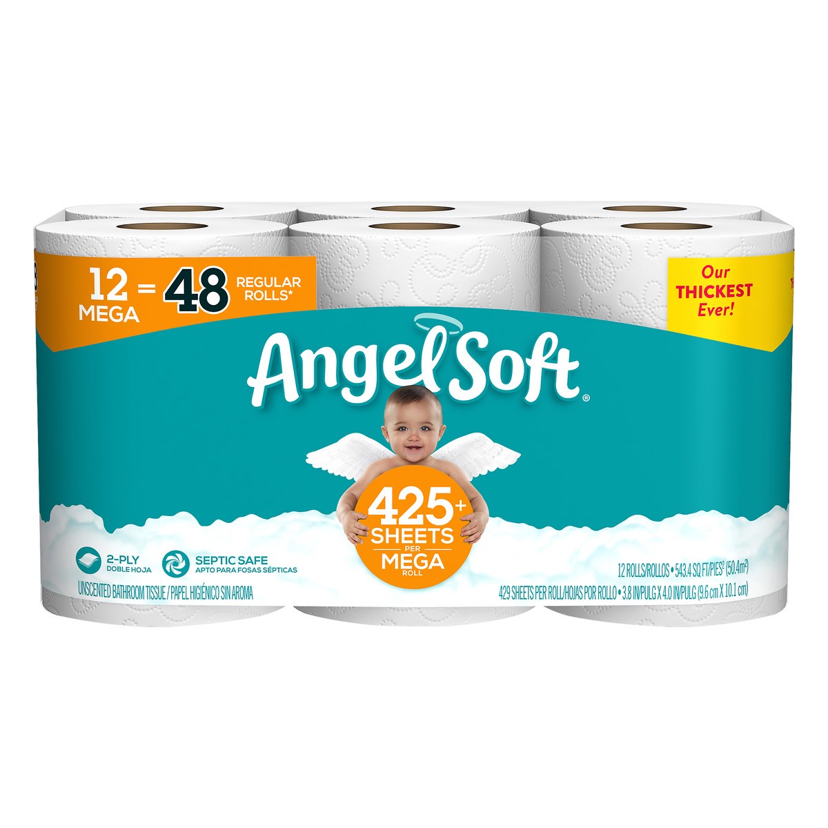 slide 1 of 5, Angel Soft Mega Roll 2-Ply Unscented Bathroom Tissue 12 ea, 12 ct