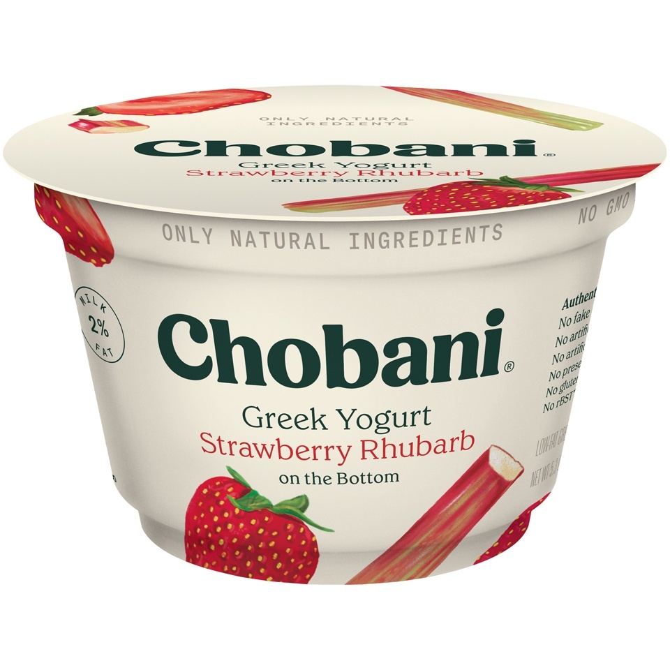 slide 1 of 4, Chobani Low Fat Greek Yogurt With Strawberry Rhubarb On The Bottom, 5.3 oz