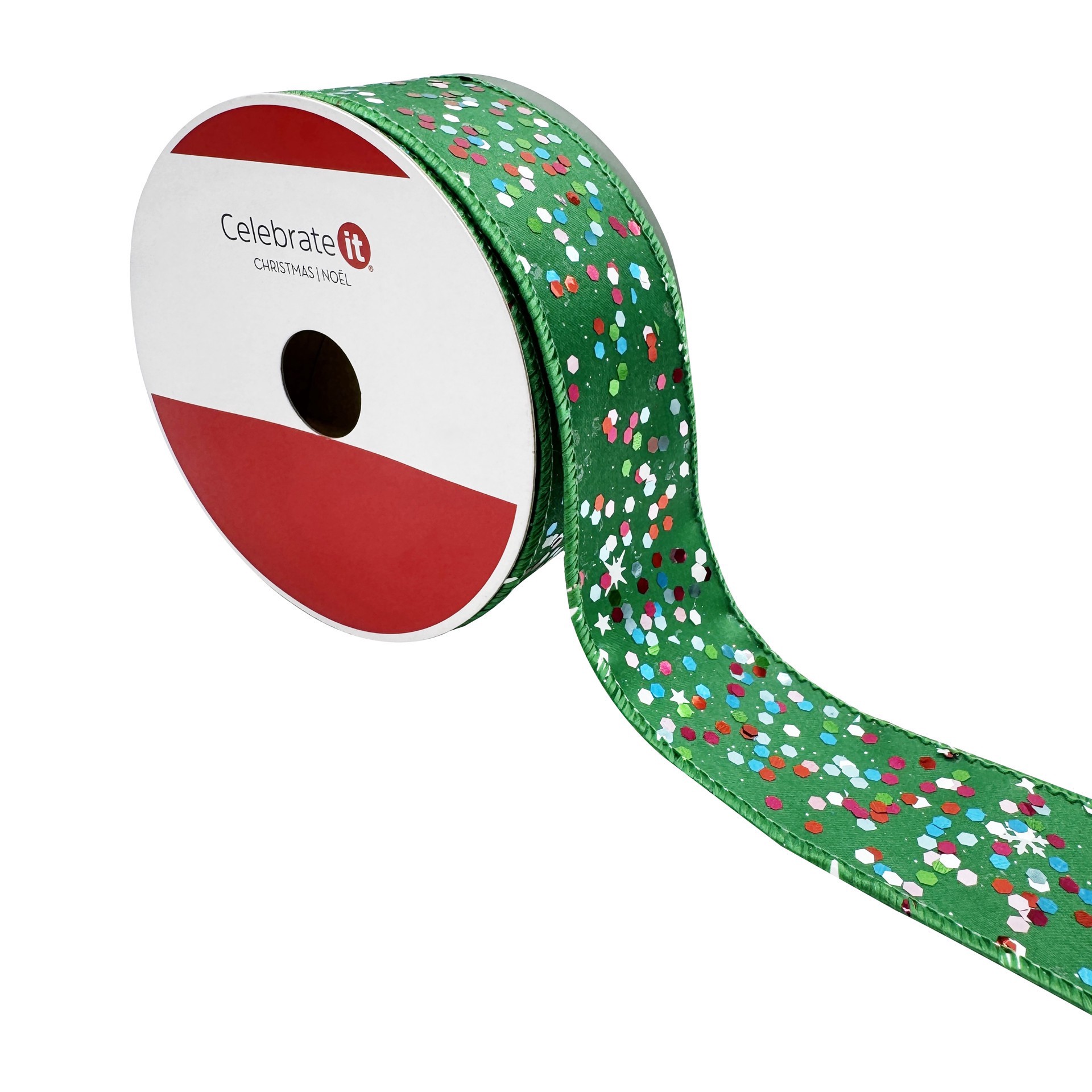 slide 3 of 3, 1.5" X 30ft. Green Confetti Wired Glitter Ribbon By Celebrate It, 1.5 in x 30 ft