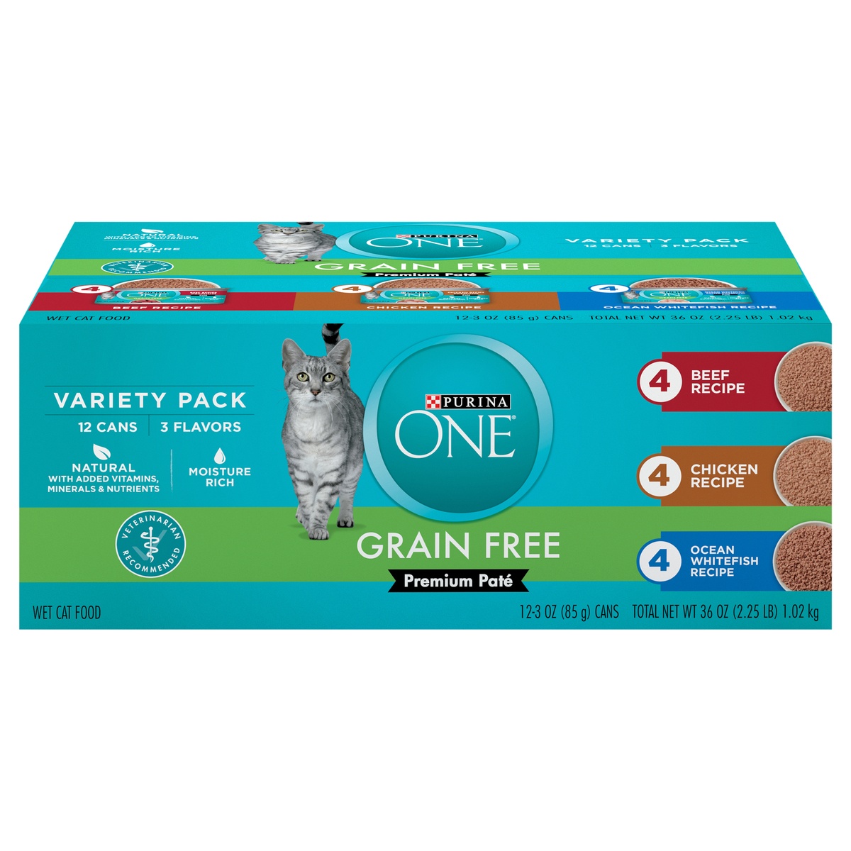 slide 1 of 1, Purina ONE Purina One Grain Free, Natural Pâté Wet Cat Food Variety Pack; Beef, Chicken & Ocean Whitefish - 12-3 Oz. Pull-Top Cans, 36 oz