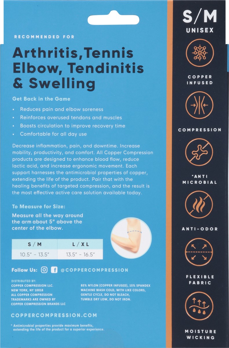 slide 8 of 9, Copper Compression S/M Unisex Elbow Sleeve 1 ea, 1 ct