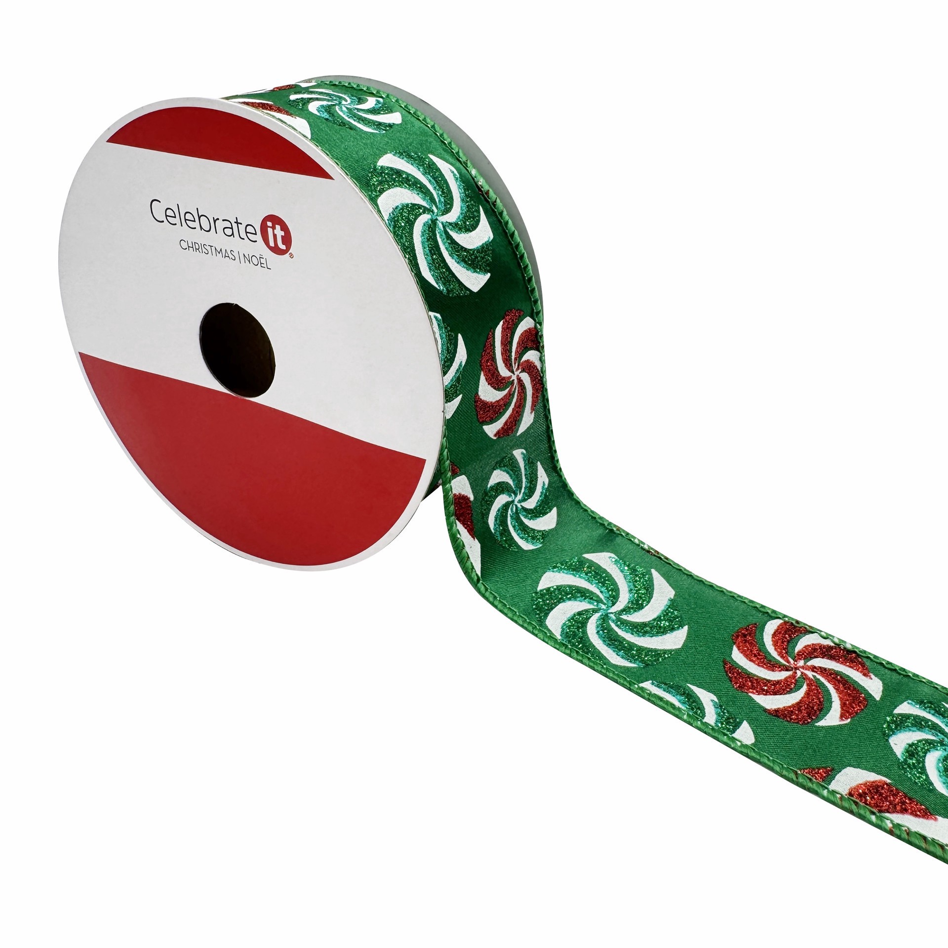 slide 2 of 3, 1.5" X 30ft. Green Glitter Peppermints Wired Ribbon By Celebrate It, 1.5 in x 30 ft