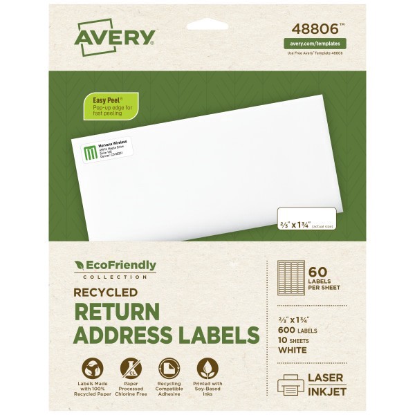 slide 1 of 9, Avery Ecofriendly Recycled Labels, Rectangle, 2/3"" X 1-3/4"", Matte White, Pack Of 600, 600 ct