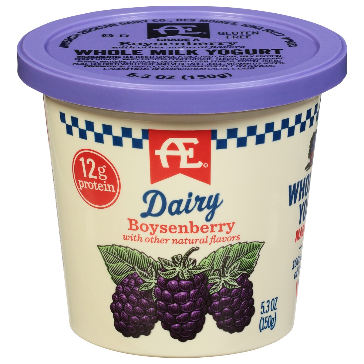 slide 1 of 9, AE Dairy Whole Milk Boysenberry Yogurt 5.3 oz, 5.3 oz