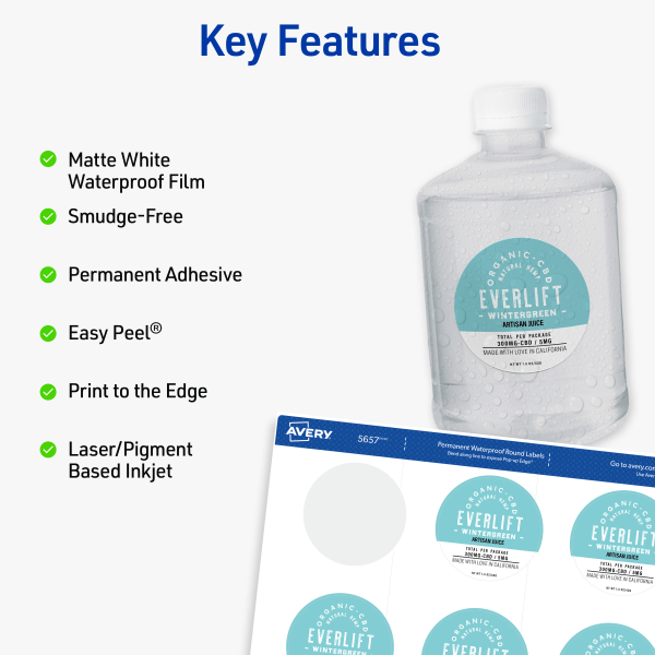 slide 8 of 10, Avery Printable Waterproof Labels With Sure Feed, Round, 2"" Diameter, Matte White, Pack Of 96, 96 ct