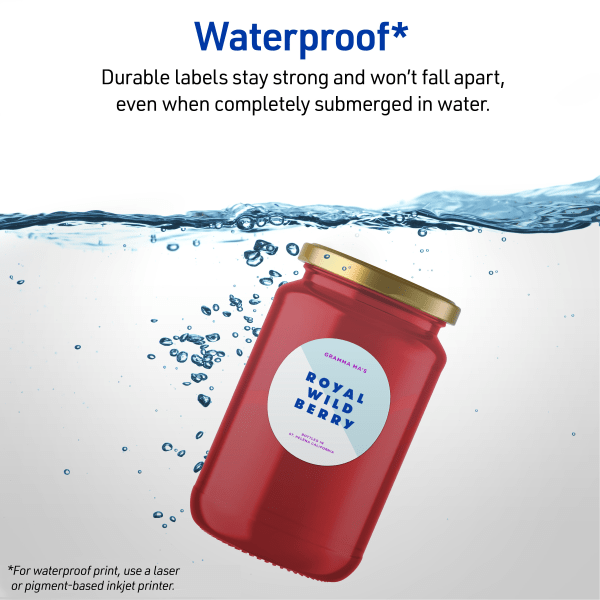 slide 6 of 10, Avery Printable Waterproof Labels With Sure Feed, Round, 2"" Diameter, Matte White, Pack Of 96, 96 ct