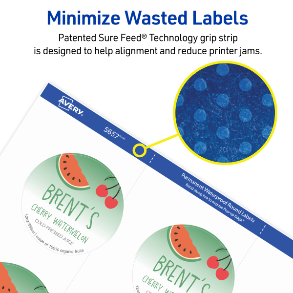 slide 5 of 10, Avery Printable Waterproof Labels With Sure Feed, Round, 2"" Diameter, Matte White, Pack Of 96, 96 ct