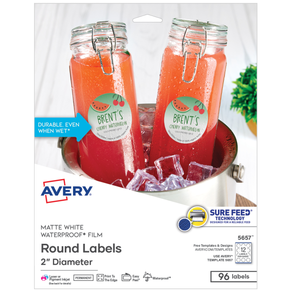 slide 1 of 10, Avery Printable Waterproof Labels With Sure Feed, Round, 2"" Diameter, Matte White, Pack Of 96, 96 ct