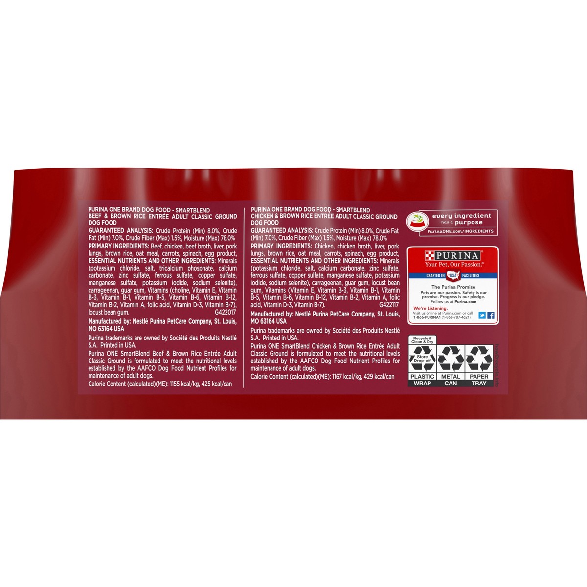 slide 8 of 9, ONE Purina ONE Classic Ground Chicken and Brown Rice, and Beef and Brown Rice Entrees Wet Dog Food Variety Pack, 4.88 lb