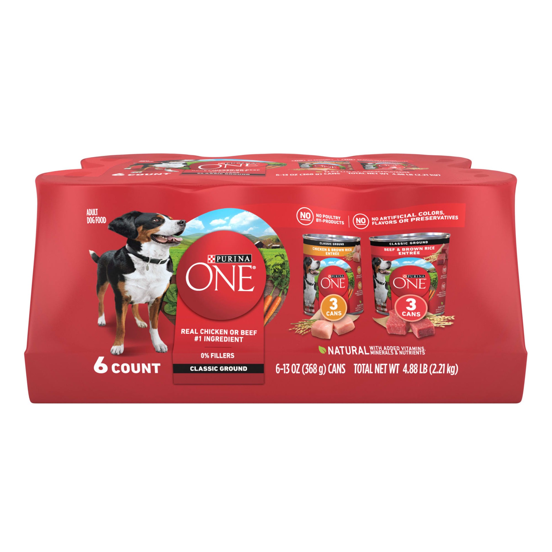 slide 1 of 9, ONE Purina ONE Classic Ground Chicken and Brown Rice, and Beef and Brown Rice Entrees Wet Dog Food Variety Pack, 4.88 lb