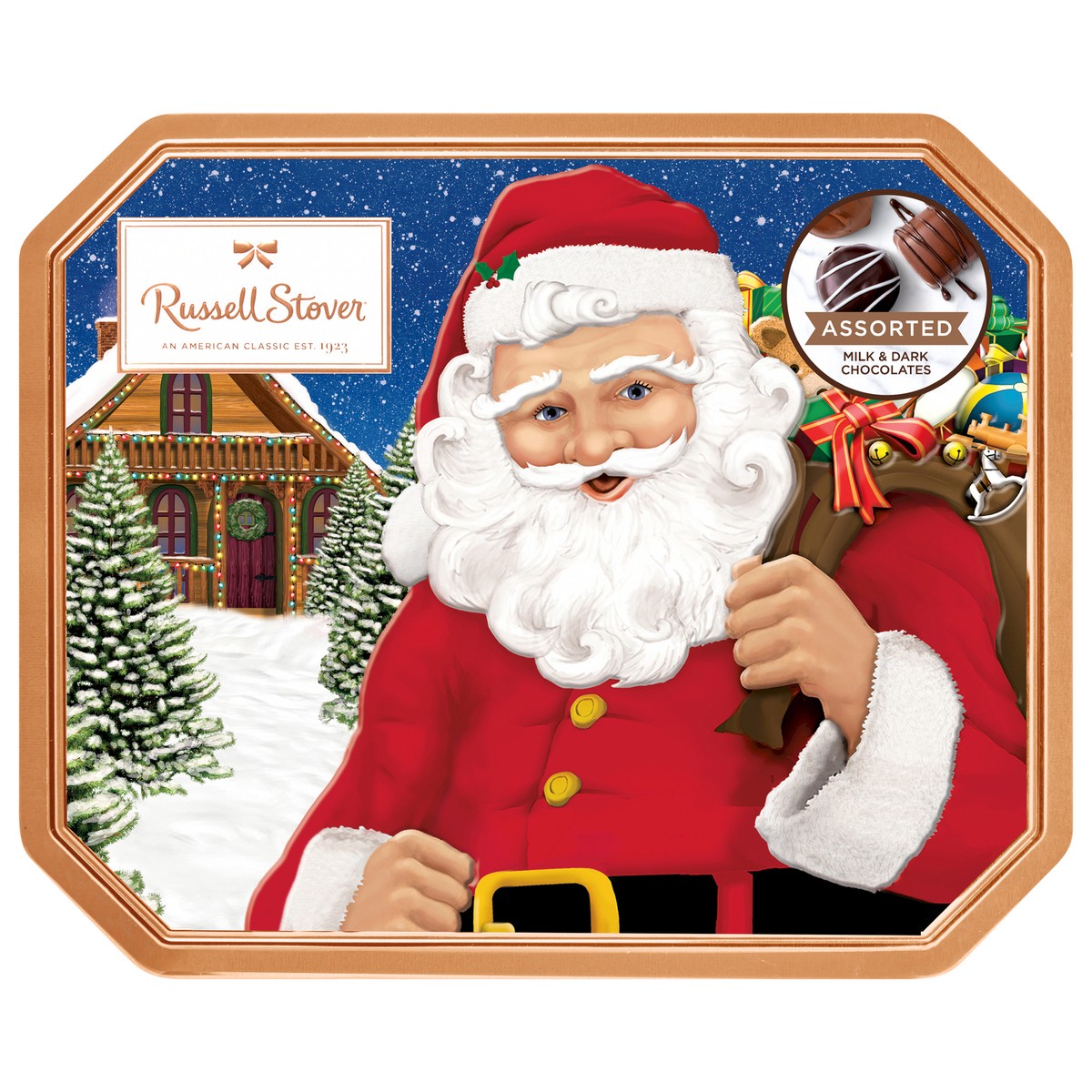 slide 1 of 3, RUSSELL STOVER Christmas Assorted Milk & Dark Chocolate Santa Gift Tin, 10 oz. (18 pieces), 18 ct