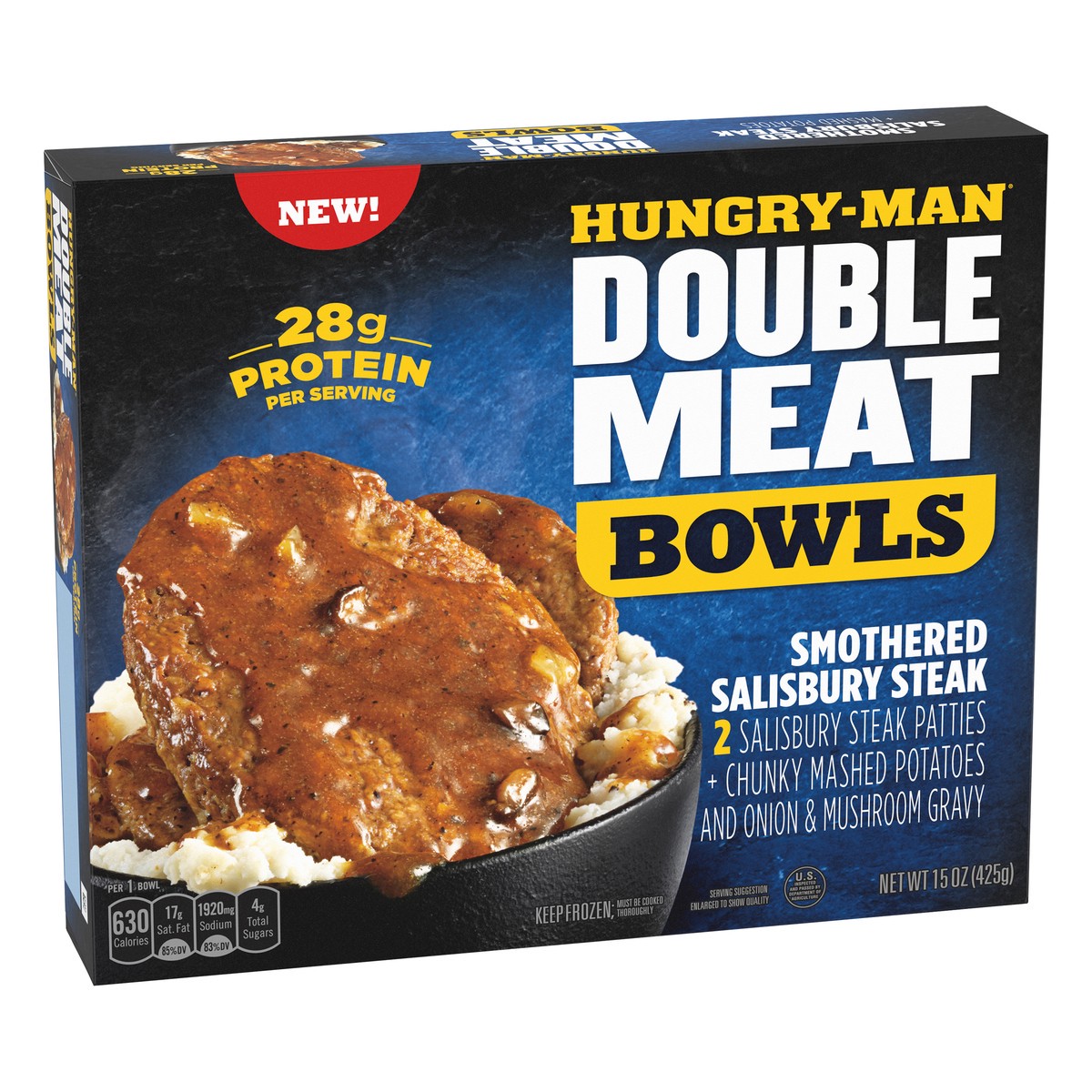 slide 2 of 10, Hungry-Man Double Meat Smothered Salisbury Steak Mashed Potatoes And Gravy Frozen Protein Bowl, 15 oz