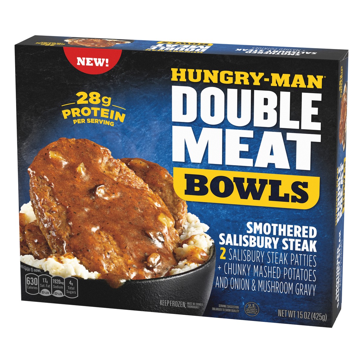 slide 7 of 10, Hungry-Man Double Meat Smothered Salisbury Steak Mashed Potatoes And Gravy Frozen Protein Bowl, 15 oz