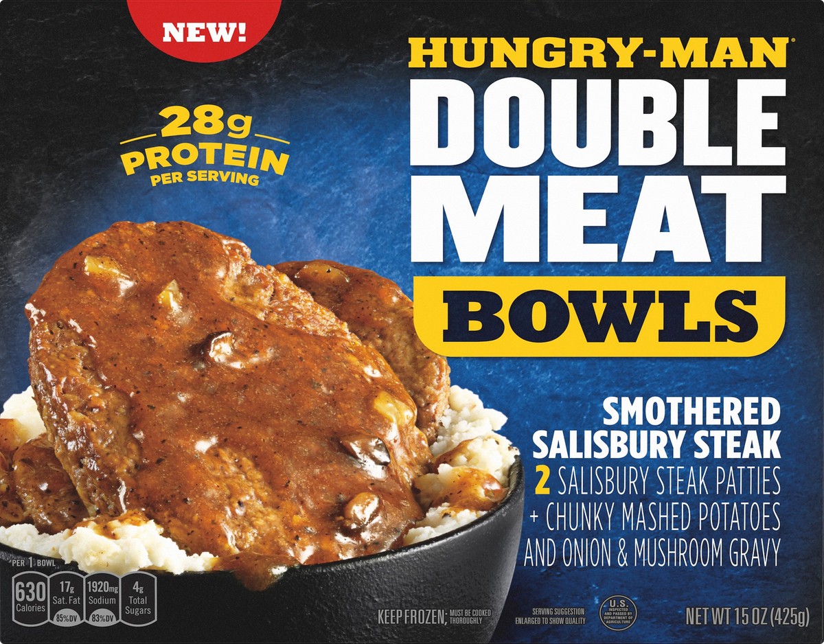 slide 6 of 10, Hungry-Man Double Meat Smothered Salisbury Steak Mashed Potatoes And Gravy Frozen Protein Bowl, 15 oz