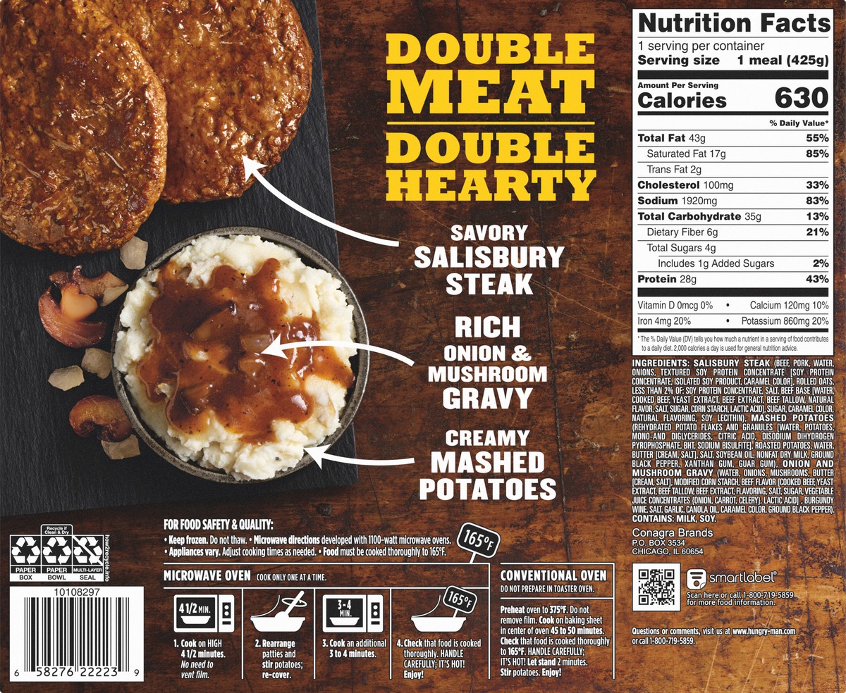 slide 9 of 10, Hungry-Man Double Meat Smothered Salisbury Steak Mashed Potatoes And Gravy Frozen Protein Bowl, 15 oz