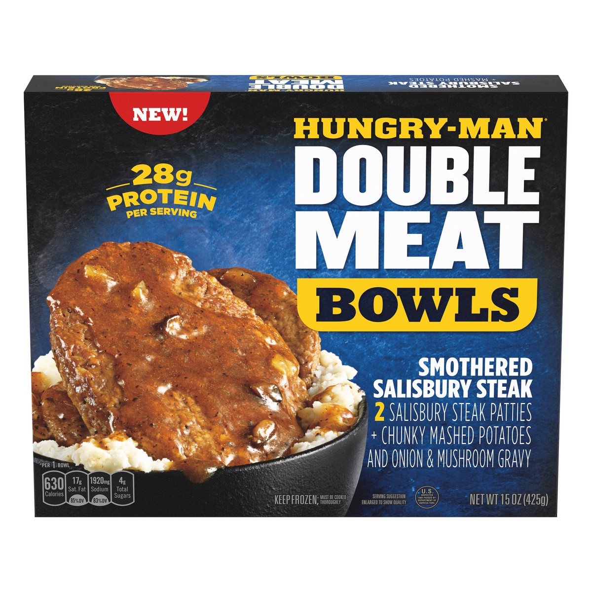 slide 1 of 10, Hungry-Man Double Meat Smothered Salisbury Steak Mashed Potatoes And Gravy Frozen Protein Bowl, 15 oz