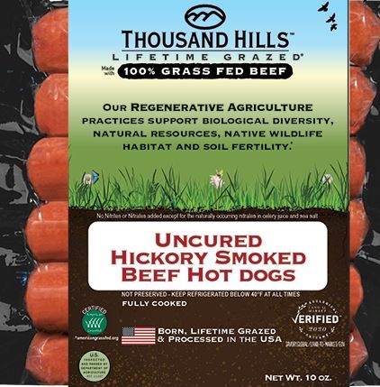 slide 1 of 1, Thousand Hills Beef Hot Dog Grass Fed, 10 oz