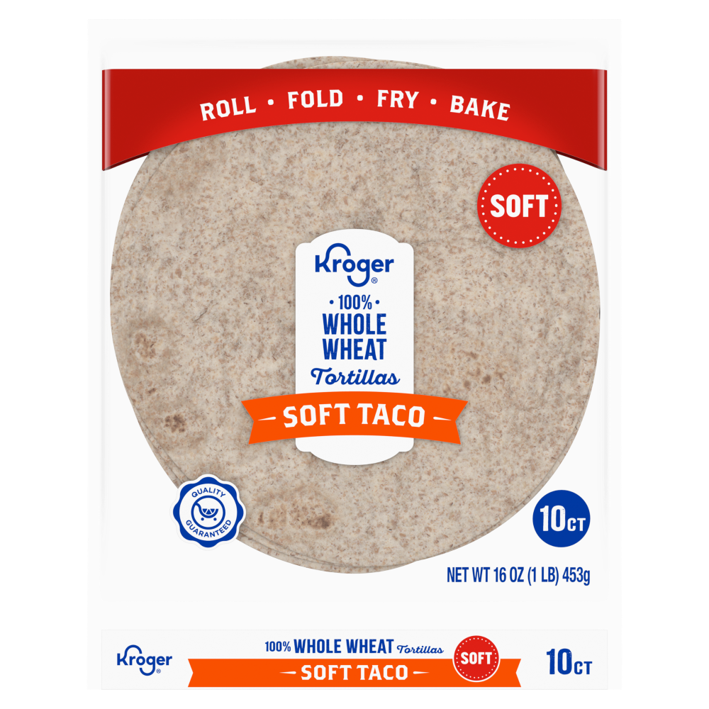 slide 1 of 1, Kroger® 100% Whole Wheat Tortillas Soft Taco, 10 ct