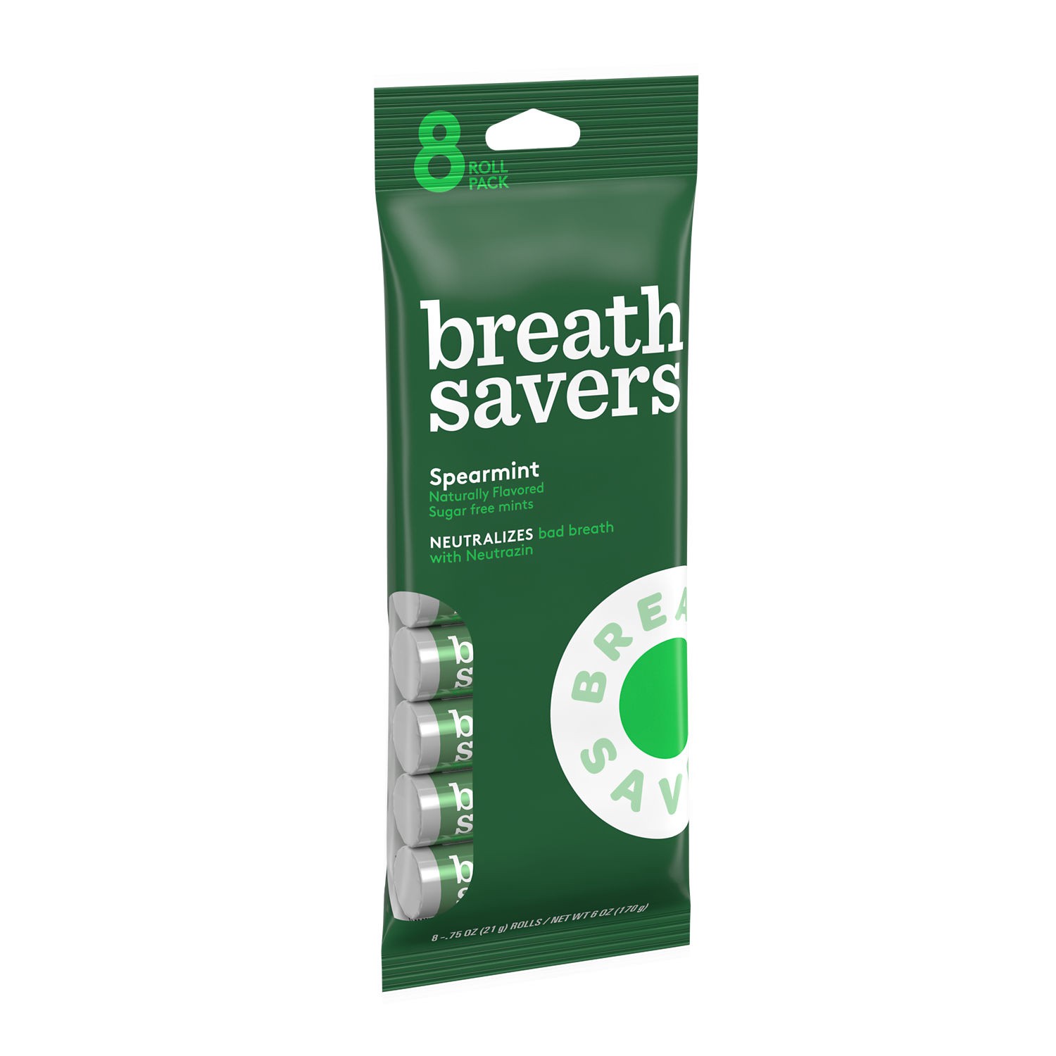 slide 1 of 4, Breath Savers Spearmint Flavored Sugar Free Breath Mints Rolls, 0.75 oz (8 Count), 1 ct