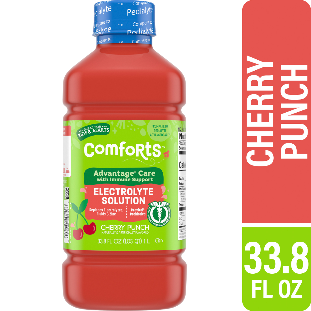 slide 1 of 4, Comforts Cherry Punch Flavored Advantage Care Electrolyte Solution Drink, 33.8 fl oz