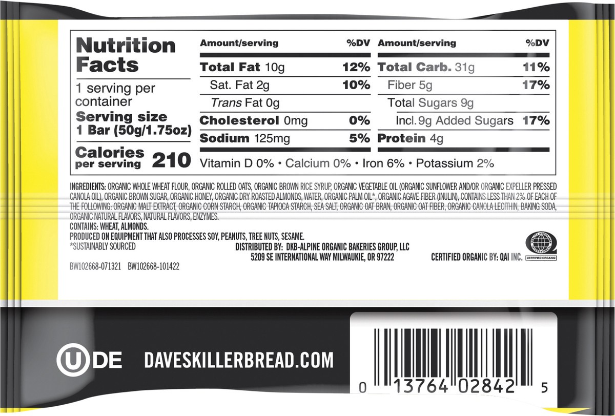 slide 3 of 12, Dave's Killer Bread Organic Oat-Rageous Honey Almond Snack Bar 1.75 oz,