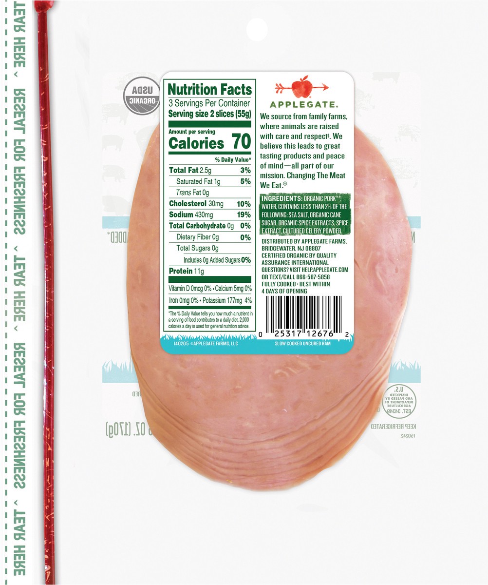 slide 7 of 7, Applegate Organic Slow Cooked Uncured Ham Sliced, 6 oz